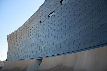 Close-up detail of the specialised steel cladding panels